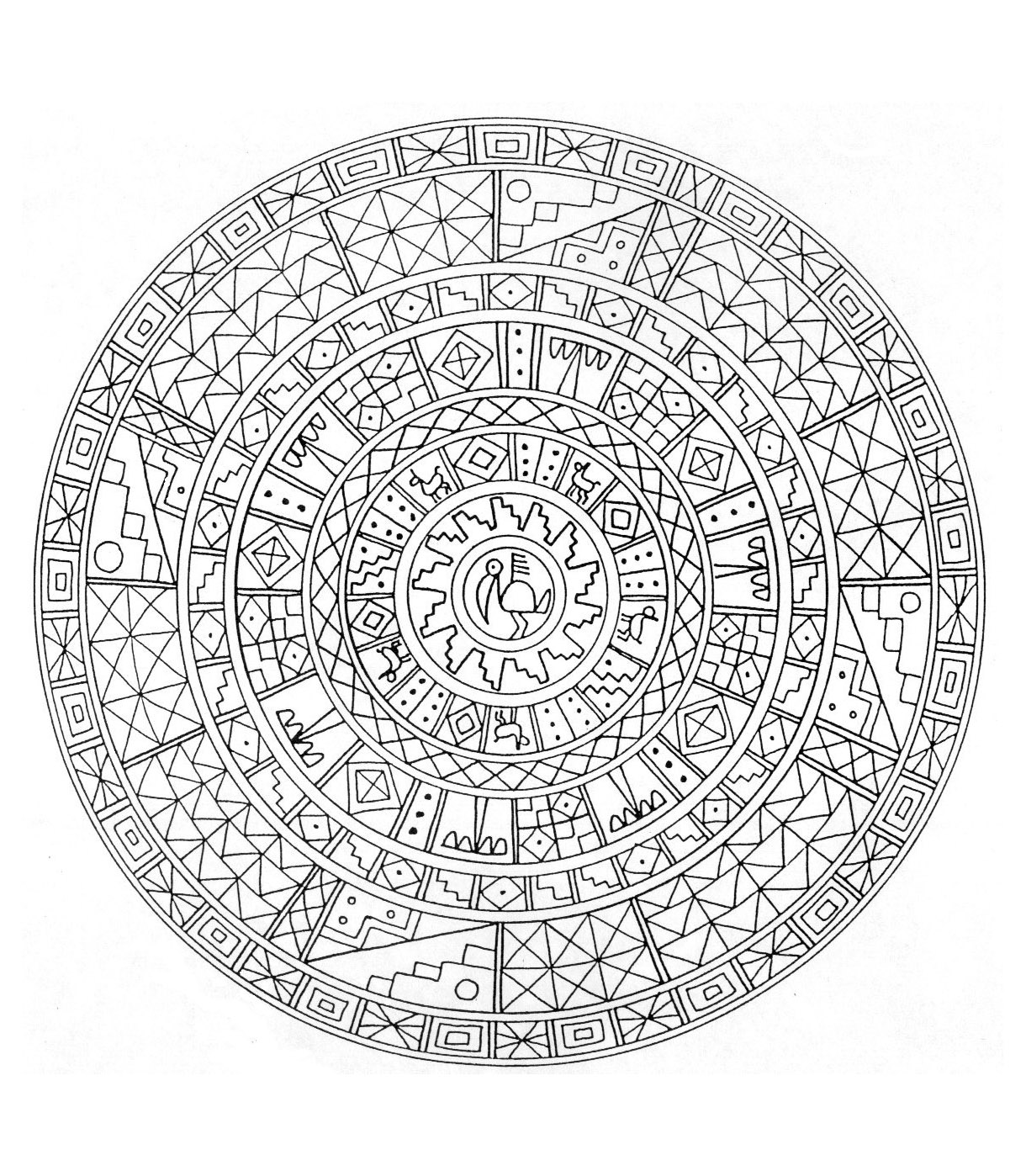 Extraordinaire mandala avec plusieurs formes géométriques représentés par des carrés, losanges ainsi qu'une très jolie fleur au centre de celui-ci. Mandala avec beaucoup de détails.